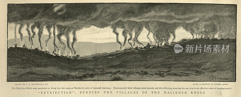 报应，19世纪，19世纪，巴基斯坦，迈丹，焚烧malikden khels村庄